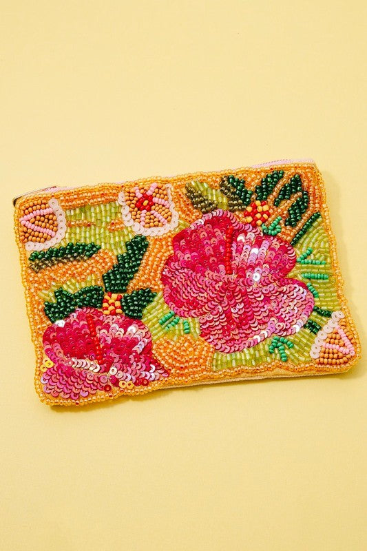 Floral Sequin Beaded Coin Purse