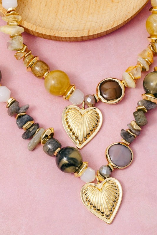 Heart Pendant Mixed Marble Resin Beaded Necklace