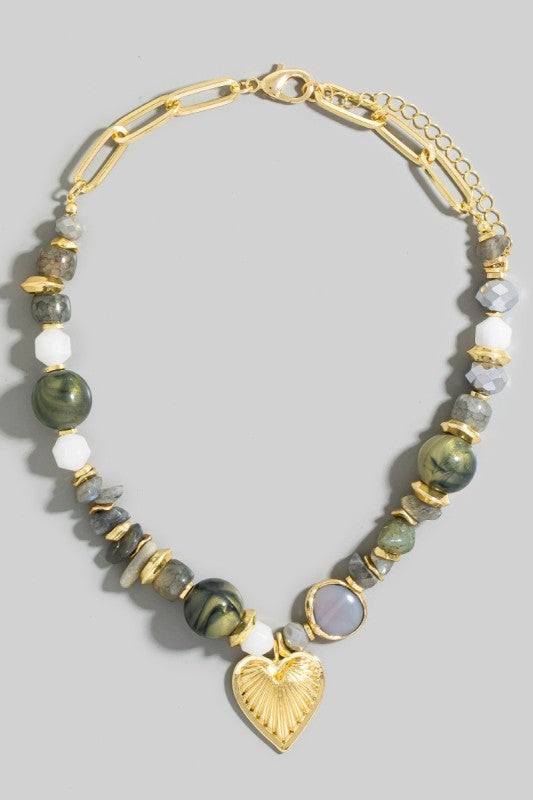 Heart Pendant Mixed Marble Resin Beaded Necklace