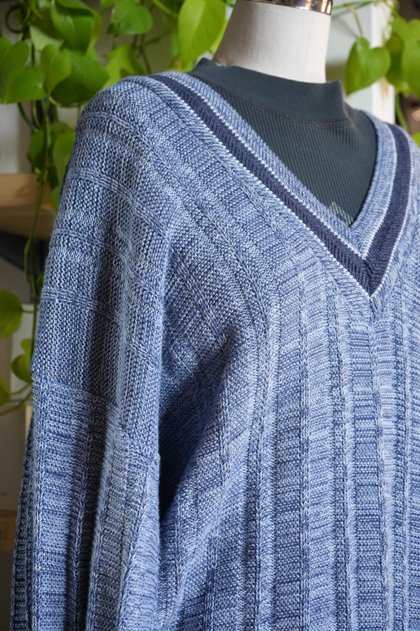 Retro Grandpa Knit – Vintage Jantzen V-Neck Sweater (L, Blue)